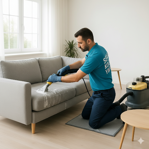 Mersin’de profesyonel temizlik ekibinin özel ekipman ve vakum cihazı kullanarak kumaş koltuğu derinlemesine temizlediği gerçek temizlik fotoğrafı