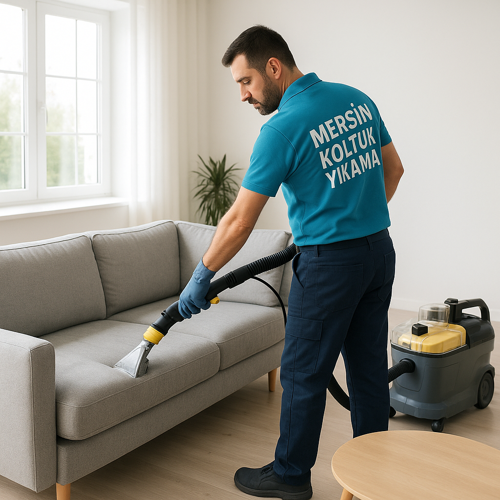 Mersin’de profesyonel koltuk yıkama hizmeti sunan temizlik uzmanının koltuk temizleme makinesiyle kumaş koltuğu detaylı şekilde temizlediği gerçek fotoğraf