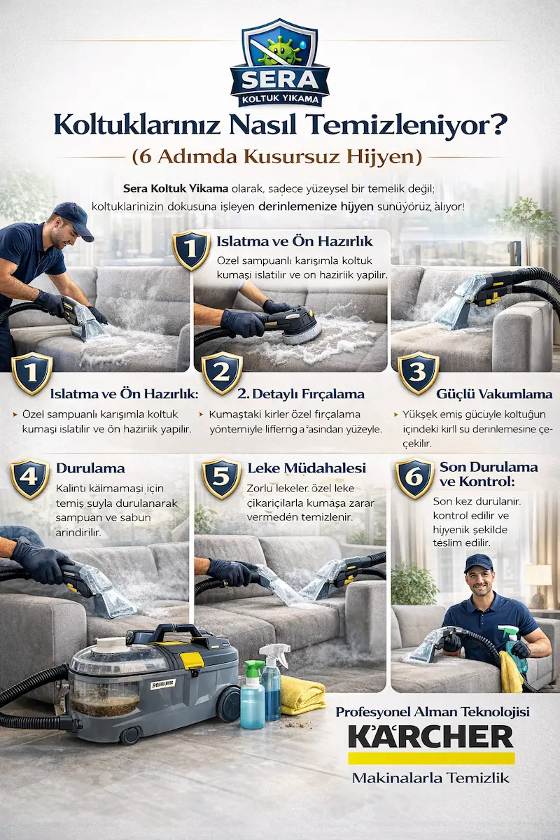 Mersin koltuk yıkama hizmetinde 6 adımlı profesyonel temizlik süreci ve Karcher makine kullanımı