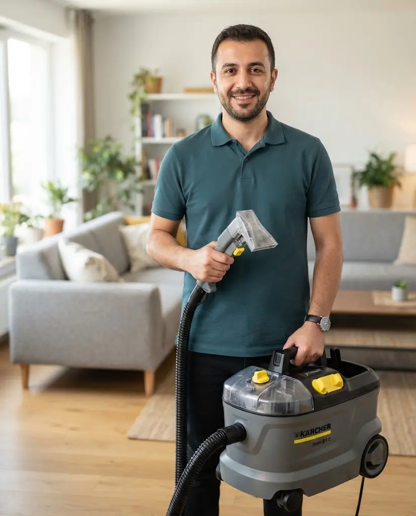 Koltuk yıkama teknisyeni ve Kärcher Puzzi makinesi